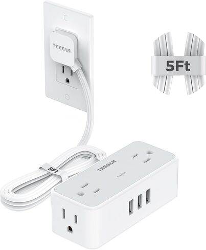 Flat Plug Extension cord 5 FT, TESSAN Surge Protector Power Strip with 4 AC Outlets 3 USB Ports(2 USB C), 900 Joules Protection, Suitable for Home Office Dorm, Desk Organizers and Accessories in Saudi Arabia