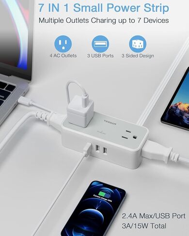 Flat Plug Extension cord 5 FT, TESSAN Surge Protector Power Strip with 4 AC Outlets 3 USB Ports(2 USB C), 900 Joules Protection, Suitable for Home Office Dorm, Desk Organizers and Accessories in Saudi Arabia