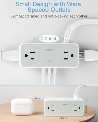 Flat Plug Extension cord 5 FT, TESSAN Surge Protector Power Strip with 4 AC Outlets 3 USB Ports(2 USB C), 900 Joules Protection, Suitable for Home Office Dorm, Desk Organizers and Accessories in Saudi Arabia