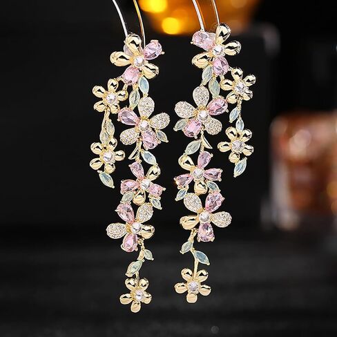 14K Gold Flower Chandelier Earrings with Moissanite Tassels, Luxurious Chandelier Dangle Earrings for Women, Stunning Gift for Stylish Women in Saudi Arabia