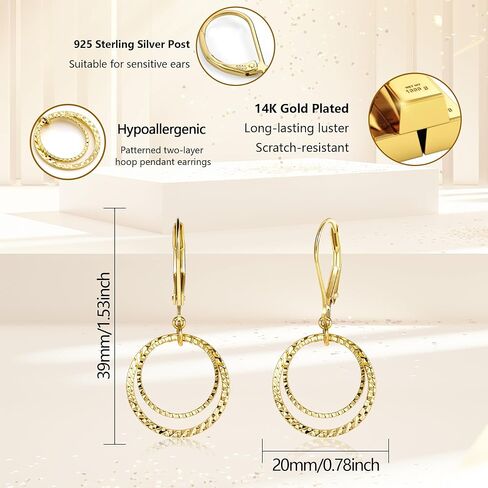 Sterling Silver Circle Leverback Earrings for Women Gold and Silver Circle Textured Drop Dangle Earrings Jewelry Hypoallergenic Hammered Leverback Sterling Silver Dangle Earrings for Jewelry Gifts in Saudi Arabia