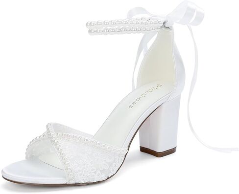 Lace Wedding Shoes for Bride Pearl Heels Bridal Shoes Block Heel Wedding Sandals in Kuwait
