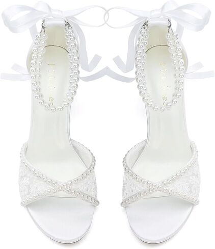 Lace Wedding Shoes for Bride Pearl Heels Bridal Shoes Block Heel Wedding Sandals in Kuwait