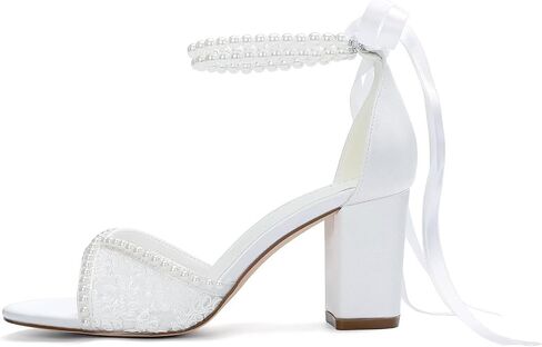 Lace Wedding Shoes for Bride Pearl Heels Bridal Shoes Block Heel Wedding Sandals in Kuwait