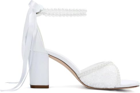 Lace Wedding Shoes for Bride Pearl Heels Bridal Shoes Block Heel Wedding Sandals in Kuwait