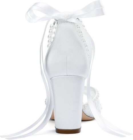Lace Wedding Shoes for Bride Pearl Heels Bridal Shoes Block Heel Wedding Sandals in Kuwait