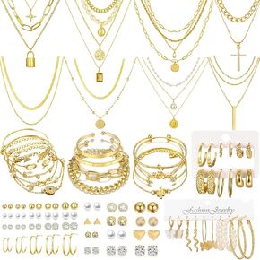 65pcs Gold Plated Jewelry Set include Multi Layered Necklaces, Bracelets and Earrings Set, Crosses Pearls Layered Choker Designs for Women Party Friendship Gift​​ in Kuwait