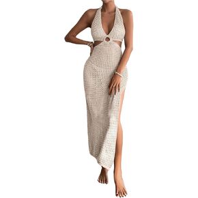 GORGLITTER Women's Crochet Dress Halter Backless Split Thigh Knit Swimsuit Coverup Dress in Saudi Arabia