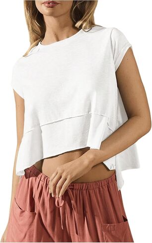 SOLY HUX Women's Athletic T Shirt Cap Sleeve Crewneck Asymmetrical Hem Tee Loose Fit Summer Crop Tops in Saudi Arabia