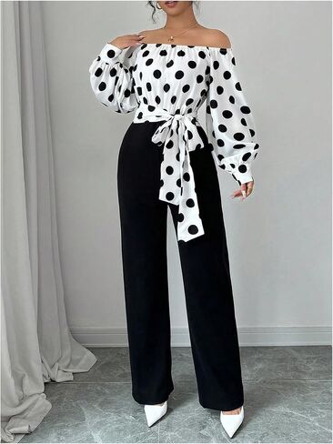 WDIRARA Women's Polka Dots Off Shoulder Bishop Long Sleeve Belted Jumpsuit in Kuwait