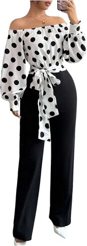 WDIRARA Women's Polka Dots Off Shoulder Bishop Long Sleeve Belted Jumpsuit in Kuwait