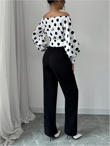 WDIRARA Women's Polka Dots Off Shoulder Bishop Long Sleeve Belted Jumpsuit in Kuwait