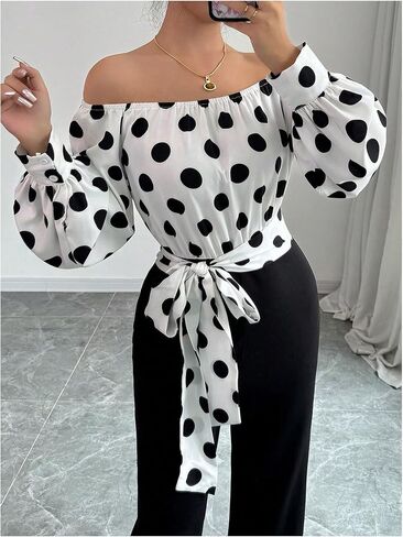 WDIRARA Women's Polka Dots Off Shoulder Bishop Long Sleeve Belted Jumpsuit in Kuwait