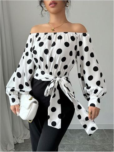 WDIRARA Women's Polka Dots Off Shoulder Bishop Long Sleeve Belted Jumpsuit in Kuwait