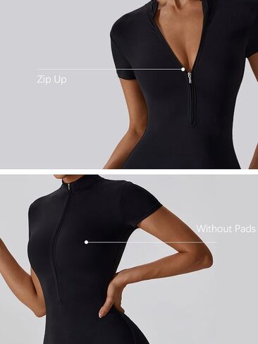 ECUPPER Women Short Sleeve Workout Jumpsuits One Piece Zip Up Gym Romper Tummy Control Athletic Yoga Unitard Bodysuit Shorts in Kuwait