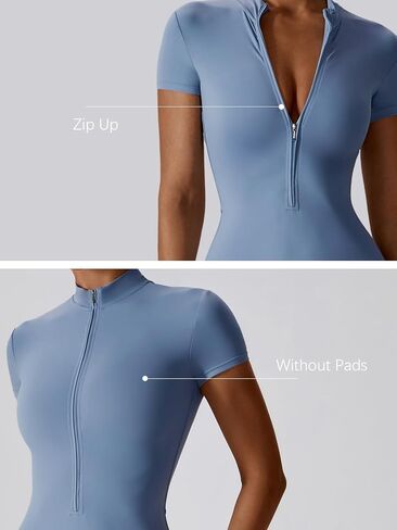 ECUPPER Women Short Sleeve Workout Jumpsuits One Piece Zip Up Gym Romper Tummy Control Athletic Yoga Unitard Bodysuit Shorts in Kuwait