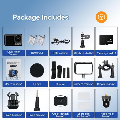 كاميرا الحركة SVBONY ACT20، كاميرا رياضية مع شاشات تعمل باللمس، فيديو بدقة 4K 60FPS EIS Ultra HD، صور بدقة 20 ميجابكسل، زاوية واسعة 170 درجة وكاميرا مقاومة للماء بطول 66 قدم in Kuwait