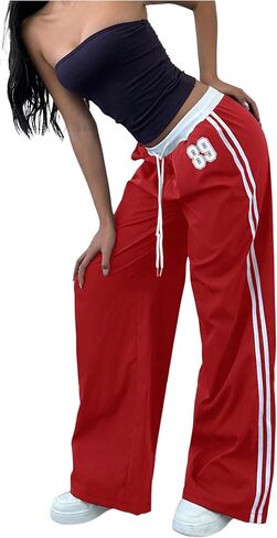 WDIRARA Women's Wide Leg Baggy Sweatpants Side Striped Number Graphic Track Pants with Pockets in Saudi Arabia