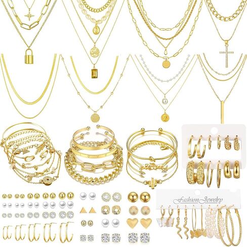 65pcs Gold Plated Jewelry Set include Multi Layered Necklaces, Bracelets and Earrings Set, Crosses Pearls Layered Choker Designs for Women Party Friendship Gift​​ in Kuwait