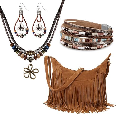 Quelay 4 PCS Boho Bag Jewelry مجموعة المجوهرات الغربية تشمل مجموعة Fringe Boho Presh Plased Dchoker Necklace Weather Writing Hippie Droping Drop rapring for Women Party Daily Vacation in Saudi Arabia