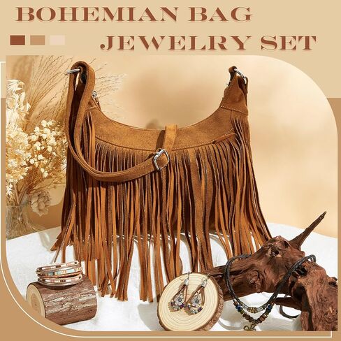 Quelay 4 PCS Boho Bag Jewelry مجموعة المجوهرات الغربية تشمل مجموعة Fringe Boho Presh Plased Dchoker Necklace Weather Writing Hippie Droping Drop rapring for Women Party Daily Vacation in Saudi Arabia