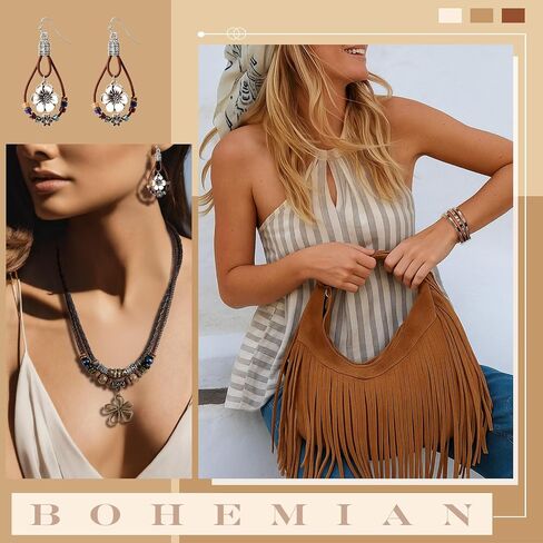 Quelay 4 PCS Boho Bag Jewelry مجموعة المجوهرات الغربية تشمل مجموعة Fringe Boho Presh Plased Dchoker Necklace Weather Writing Hippie Droping Drop rapring for Women Party Daily Vacation in Saudi Arabia