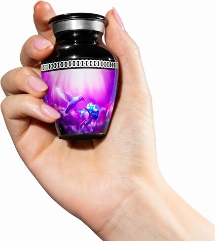 Personalized Hummingbird Mini Urn – Small Black Keepsake Urn for Human Ashes with Custom Engraved Text – Purple Hummingbird Design – Handmade Memorial Gift – Box, Funnel & Velvet Pouch Included in Kuwait