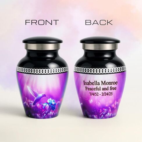 Personalized Hummingbird Mini Urn – Small Black Keepsake Urn for Human Ashes with Custom Engraved Text – Purple Hummingbird Design – Handmade Memorial Gift – Box, Funnel & Velvet Pouch Included in Kuwait
