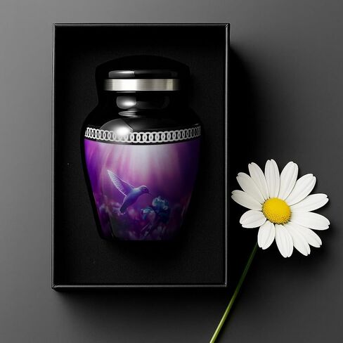 Personalized Hummingbird Mini Urn – Small Black Keepsake Urn for Human Ashes with Custom Engraved Text – Purple Hummingbird Design – Handmade Memorial Gift – Box, Funnel & Velvet Pouch Included in Kuwait
