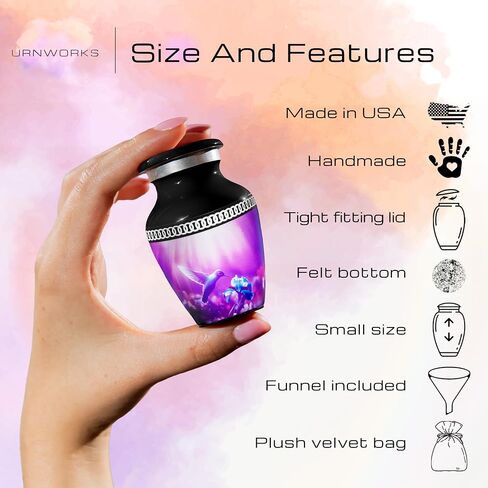 Personalized Hummingbird Mini Urn – Small Black Keepsake Urn for Human Ashes with Custom Engraved Text – Purple Hummingbird Design – Handmade Memorial Gift – Box, Funnel & Velvet Pouch Included in Kuwait