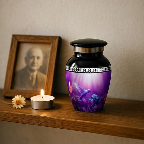 Personalized Hummingbird Mini Urn – Small Black Keepsake Urn for Human Ashes with Custom Engraved Text – Purple Hummingbird Design – Handmade Memorial Gift – Box, Funnel & Velvet Pouch Included in Kuwait