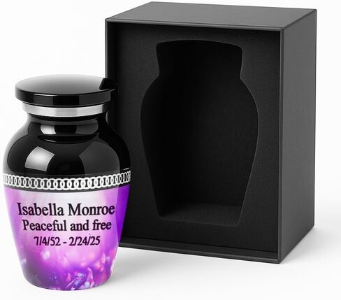 Personalized Hummingbird Mini Urn – Small Black Keepsake Urn for Human Ashes with Custom Engraved Text – Purple Hummingbird Design – Handmade Memorial Gift – Box, Funnel & Velvet Pouch Included in Kuwait