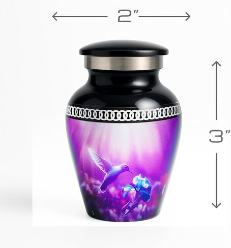 Personalized Hummingbird Mini Urn – Small Black Keepsake Urn for Human Ashes with Custom Engraved Text – Purple Hummingbird Design – Handmade Memorial Gift – Box, Funnel & Velvet Pouch Included in Kuwait