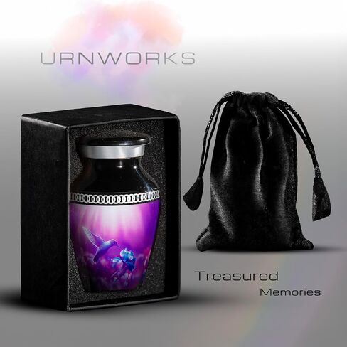 Personalized Hummingbird Mini Urn – Small Black Keepsake Urn for Human Ashes with Custom Engraved Text – Purple Hummingbird Design – Handmade Memorial Gift – Box, Funnel & Velvet Pouch Included in Kuwait
