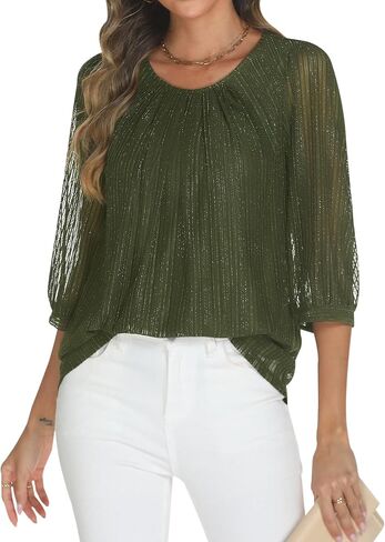 Relipop Womens 3/4 Sleeve Sparkle Top Casual Loose Fit Mesh Pleated Double Layered Tunic Tops in Kuwait