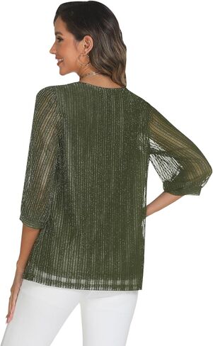 Relipop Womens 3/4 Sleeve Sparkle Top Casual Loose Fit Mesh Pleated Double Layered Tunic Tops in Kuwait