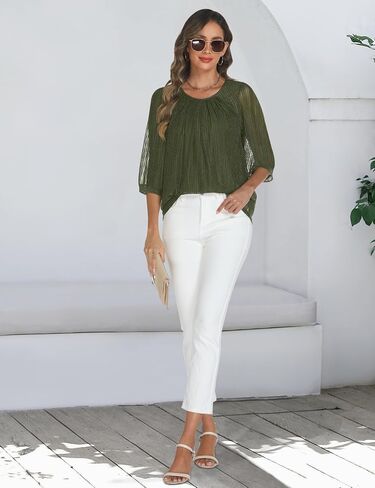 Relipop Womens 3/4 Sleeve Sparkle Top Casual Loose Fit Mesh Pleated Double Layered Tunic Tops in Kuwait