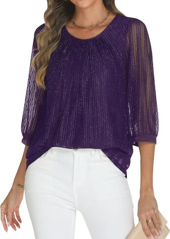 Relipop Womens 3/4 Sleeve Sparkle Top Casual Loose Fit Mesh Pleated Double Layered Tunic Tops in Kuwait