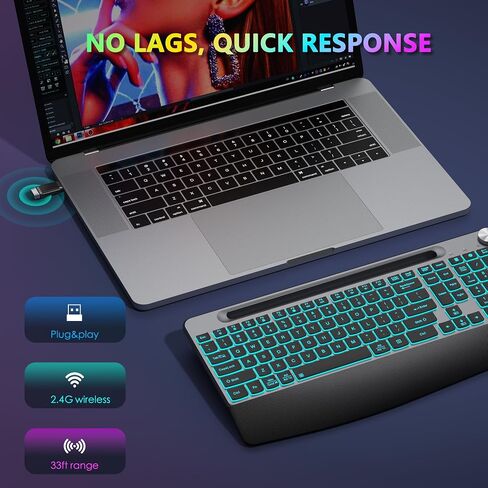 لوحة مفاتيح وماوس لاسلكية مريحة من JOYACCESS، لوحة مفاتيح مريحة كاملة الحجم مع مسند للمعصم، مجموعة لوحة مفاتيح وماوس لاسلكية مع حامل هاتف، بكرة صوت للكمبيوتر المحمول Mac PC - فضي in Saudi Arabia