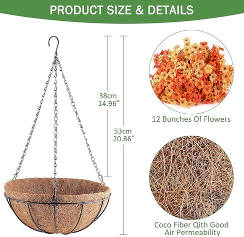 زهور اصطناعية معلقة في سلة، زهور صناعية معلقة للديكور الداخلي في الهواء الطلق، سلال معلقة مقاومة للأشعة فوق البنفسجية مع زهور وهمية لتزيين سطح الفناء والحديقة والشرفة in Kuwait