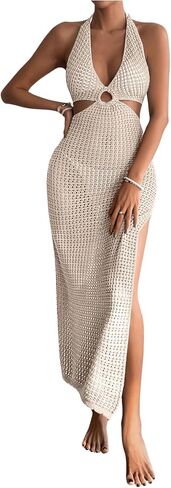 GORGLITTER Women's Crochet Dress Halter Backless Split Thigh Knit Swimsuit Coverup Dress in Saudi Arabia