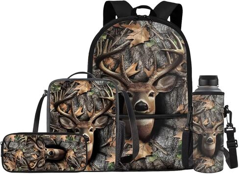 JEOCODY Kids Bookbag Camo Hunting Deer Backpack and Lunch Box Set, Boys Girls American Flag School Bag Water Bottle Holder and Pencil Pouch Girls Daypack Back to School Accessories in Saudi Arabia