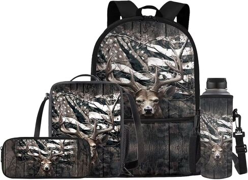 JEOCODY Kids Bookbag Camo Hunting Deer Backpack and Lunch Box Set, Boys Girls American Flag School Bag Water Bottle Holder and Pencil Pouch Girls Daypack Back to School Accessories in Saudi Arabia