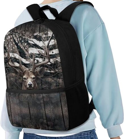 JEOCODY Kids Bookbag Camo Hunting Deer Backpack and Lunch Box Set, Boys Girls American Flag School Bag Water Bottle Holder and Pencil Pouch Girls Daypack Back to School Accessories in Saudi Arabia