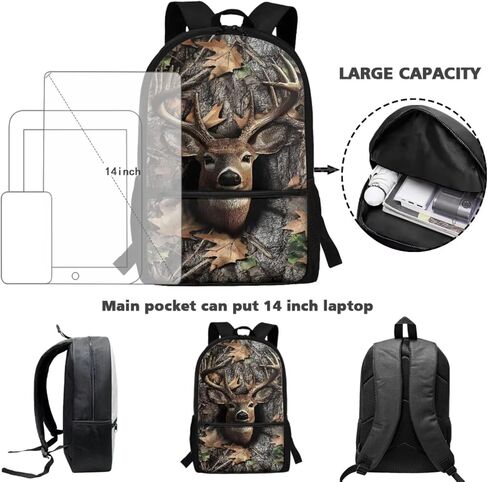 JEOCODY Kids Bookbag Camo Hunting Deer Backpack and Lunch Box Set, Boys Girls American Flag School Bag Water Bottle Holder and Pencil Pouch Girls Daypack Back to School Accessories in Saudi Arabia