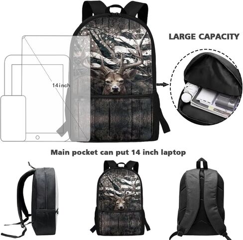 JEOCODY Kids Bookbag Camo Hunting Deer Backpack and Lunch Box Set, Boys Girls American Flag School Bag Water Bottle Holder and Pencil Pouch Girls Daypack Back to School Accessories in Saudi Arabia