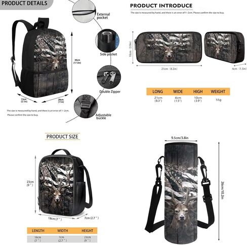 JEOCODY Kids Bookbag Camo Hunting Deer Backpack and Lunch Box Set, Boys Girls American Flag School Bag Water Bottle Holder and Pencil Pouch Girls Daypack Back to School Accessories in Saudi Arabia