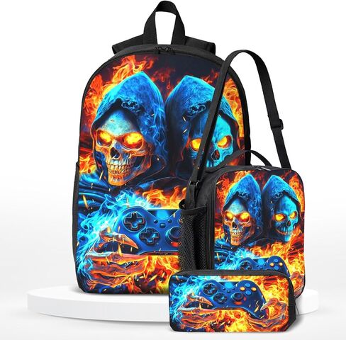 حقيبة الظهر للمدرسة الأولاد Cool Skull Game Poys Backpack مع صندوق الغداء وحقائب القلم الرصاص مجموعة للأطفال المراهقين المراهقين الابتدائي ، حقيبة سفر في Bookpag Daypack سن 6-18 in Kuwait