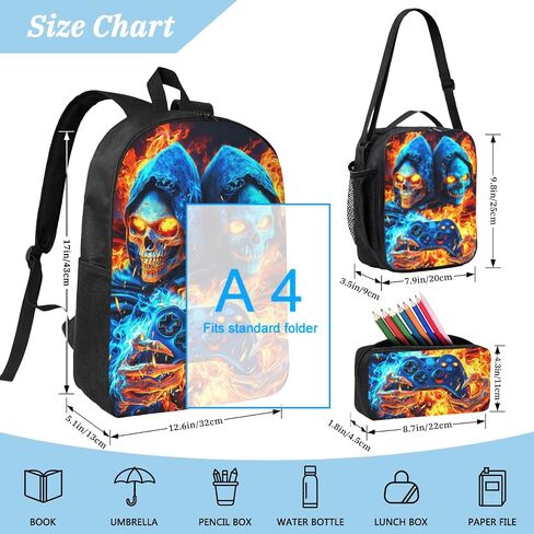 حقيبة الظهر للمدرسة الأولاد Cool Skull Game Poys Backpack مع صندوق الغداء وحقائب القلم الرصاص مجموعة للأطفال المراهقين المراهقين الابتدائي ، حقيبة سفر في Bookpag Daypack سن 6-18 in Kuwait