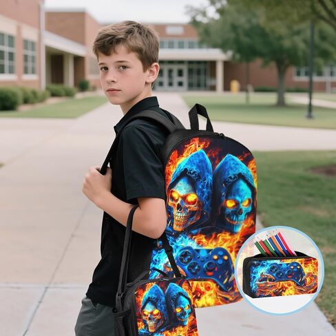 حقيبة الظهر للمدرسة الأولاد Cool Skull Game Poys Backpack مع صندوق الغداء وحقائب القلم الرصاص مجموعة للأطفال المراهقين المراهقين الابتدائي ، حقيبة سفر في Bookpag Daypack سن 6-18 in Kuwait